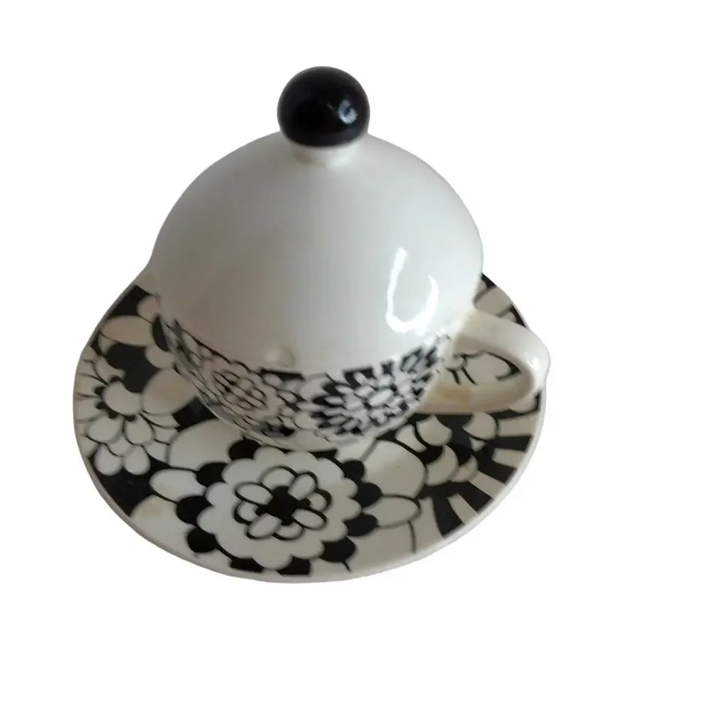Missoni Home Bianco Nero Cup Saucer & Lid Set Black White Floral Italy RARE 2006